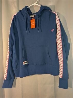 Superdry Navy Blue Hoodie with Pink Logo Tape Accent Stripes